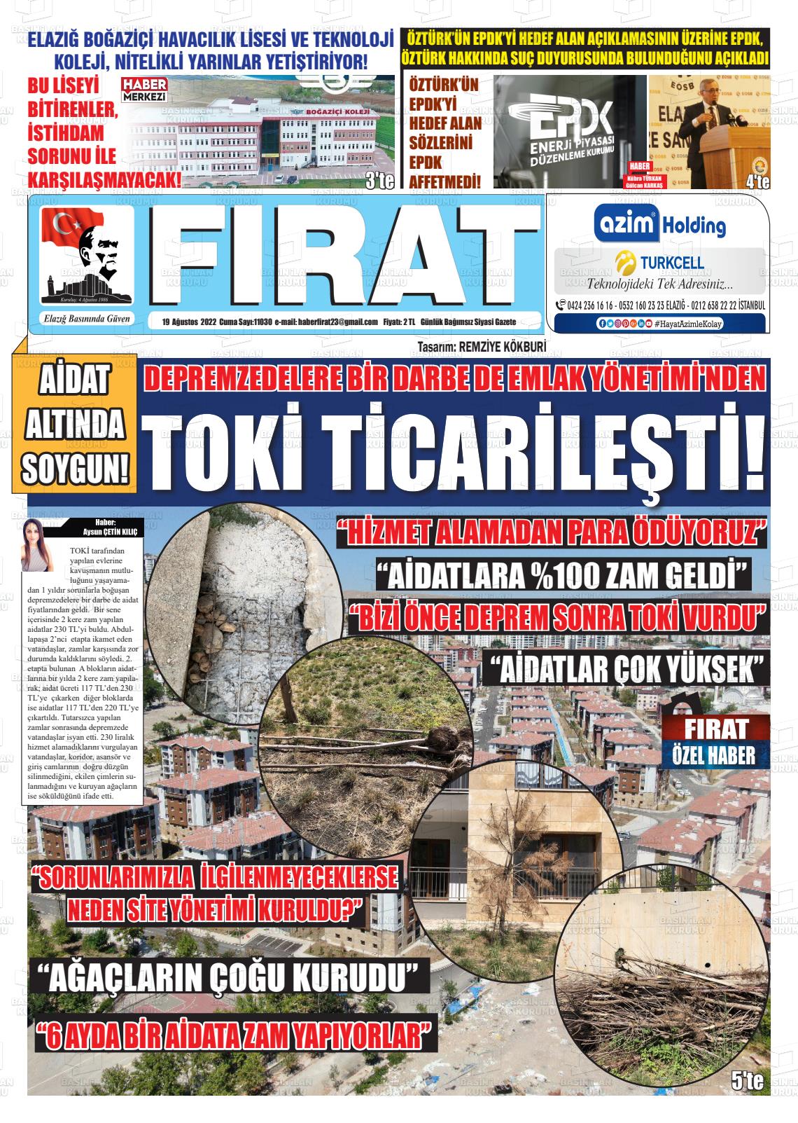 19 Ağustos 2022 Fırat Gazete Manşeti