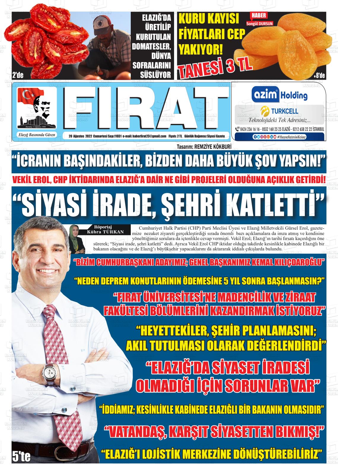 20 Ağustos 2022 Fırat Gazete Manşeti