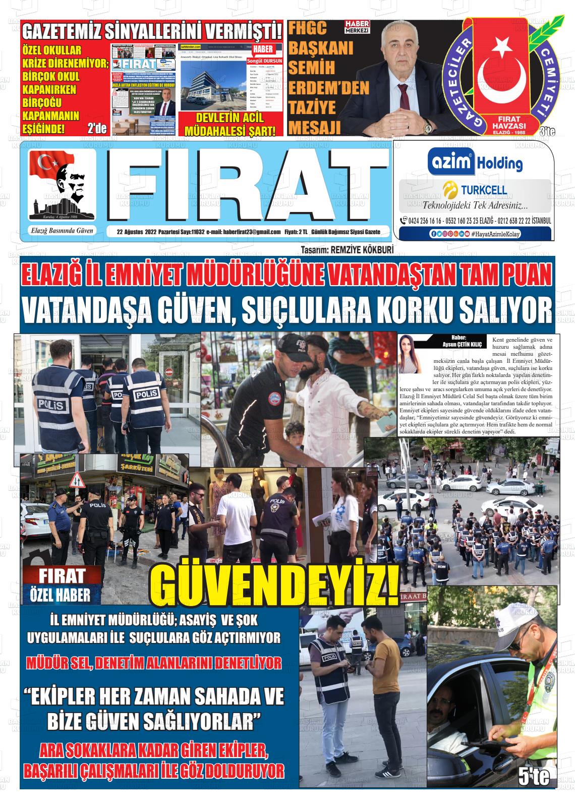 22 Ağustos 2022 Fırat Gazete Manşeti