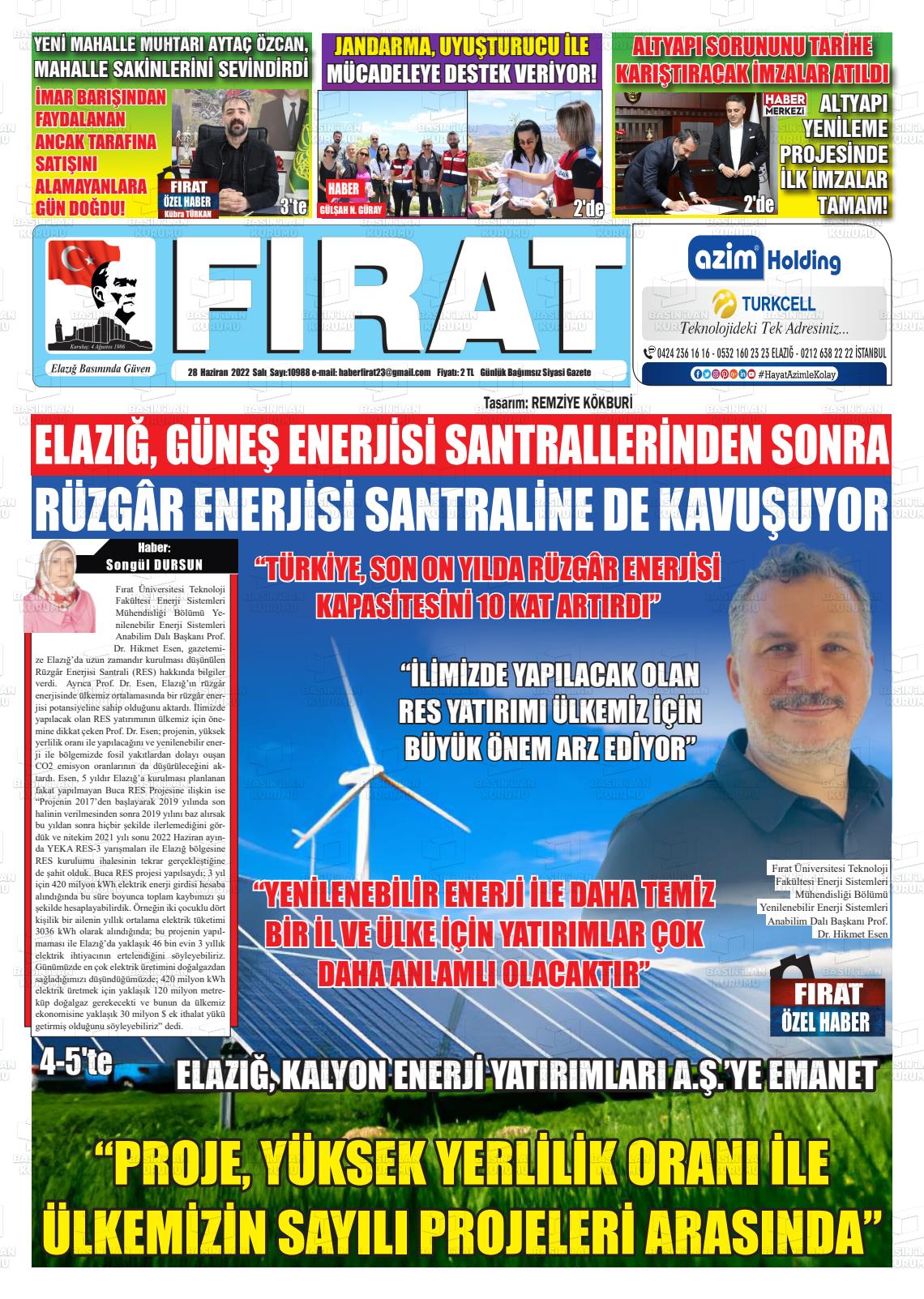 28 Haziran 2022 Fırat Gazete Manşeti