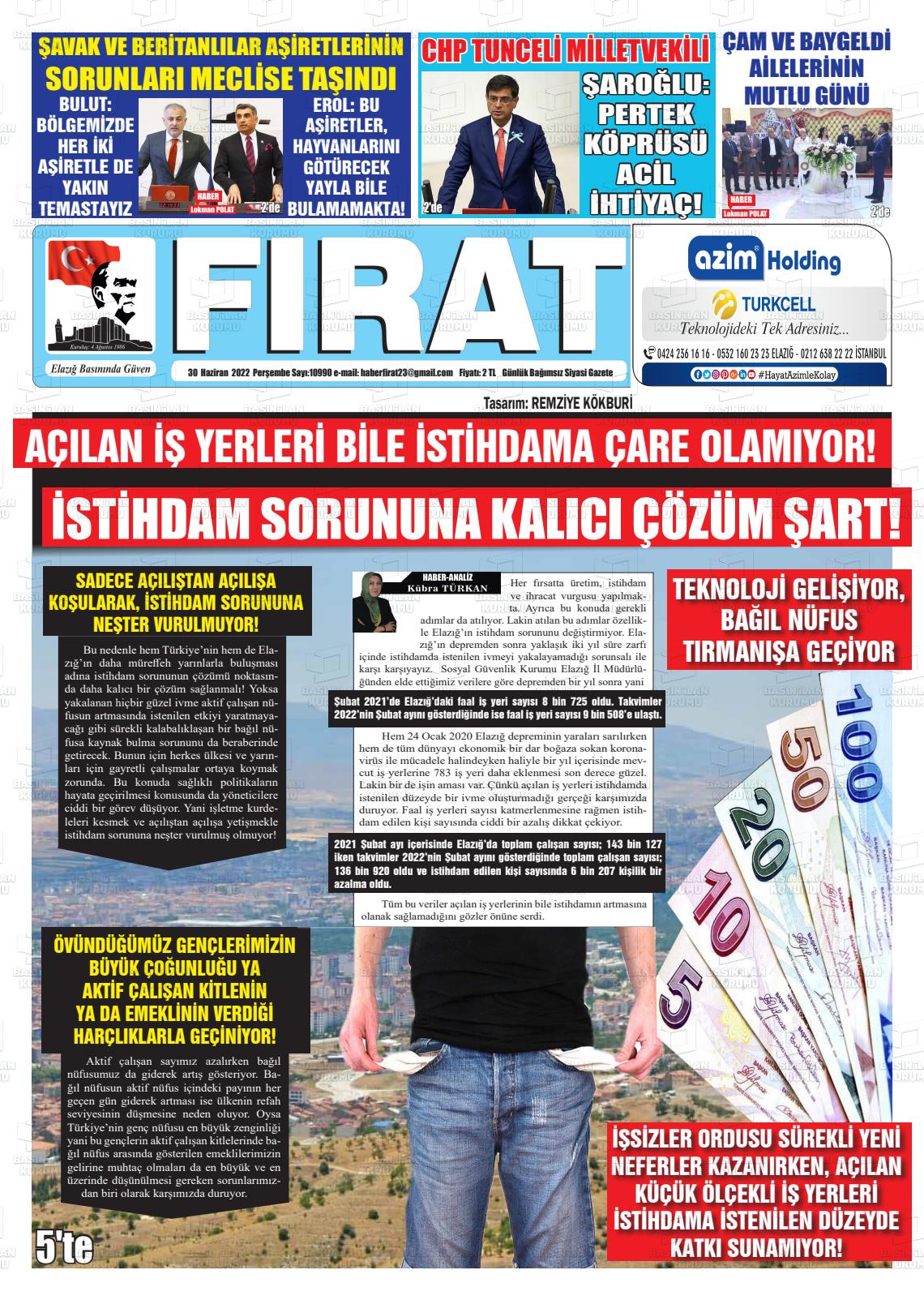 02 Temmuz 2022 Fırat Gazete Manşeti