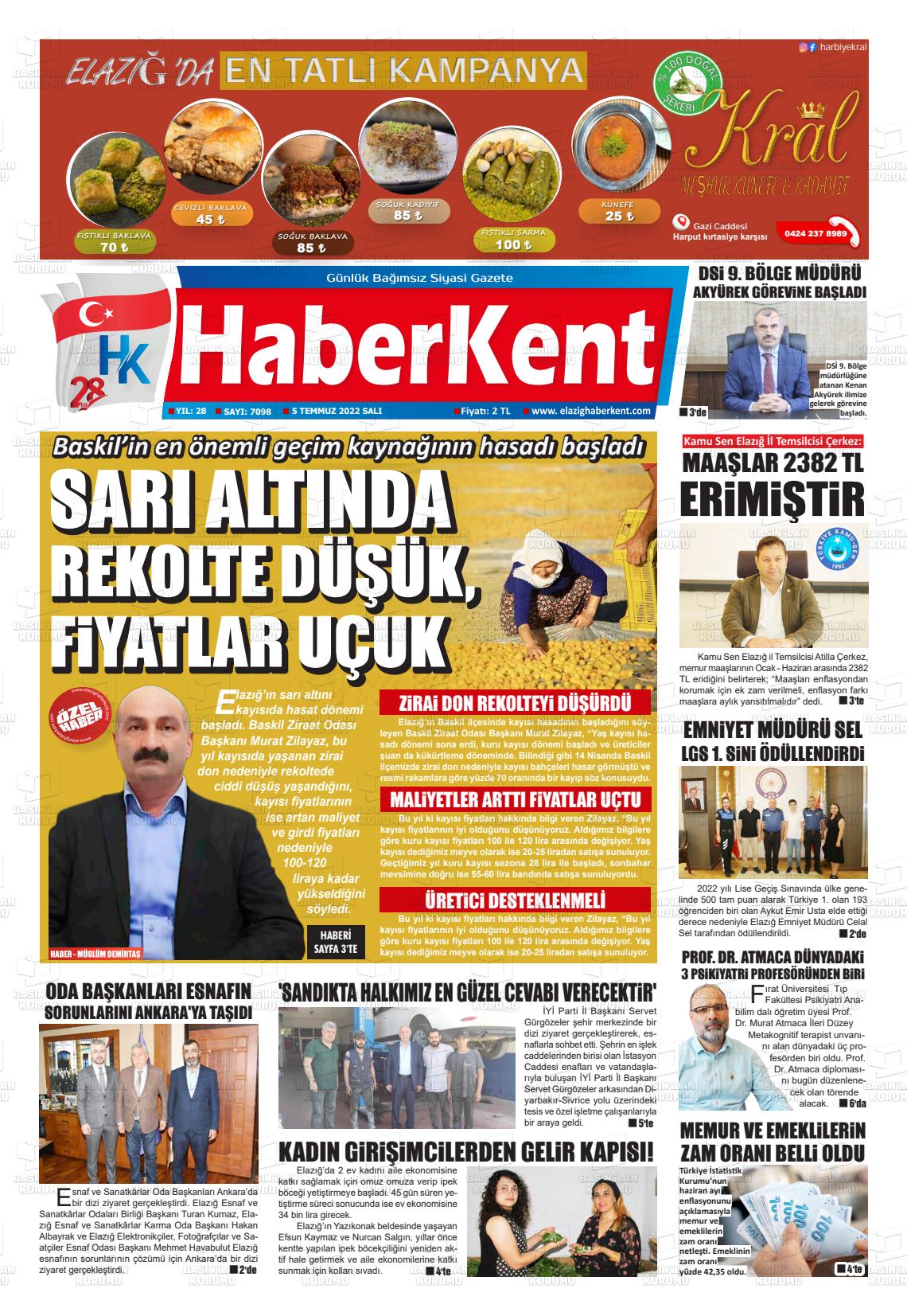 05 Temmuz 2022 Elazığ Haberkent Gazete Manşeti