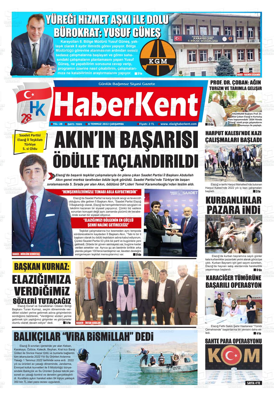 06 Temmuz 2022 Elazığ Haberkent Gazete Manşeti
