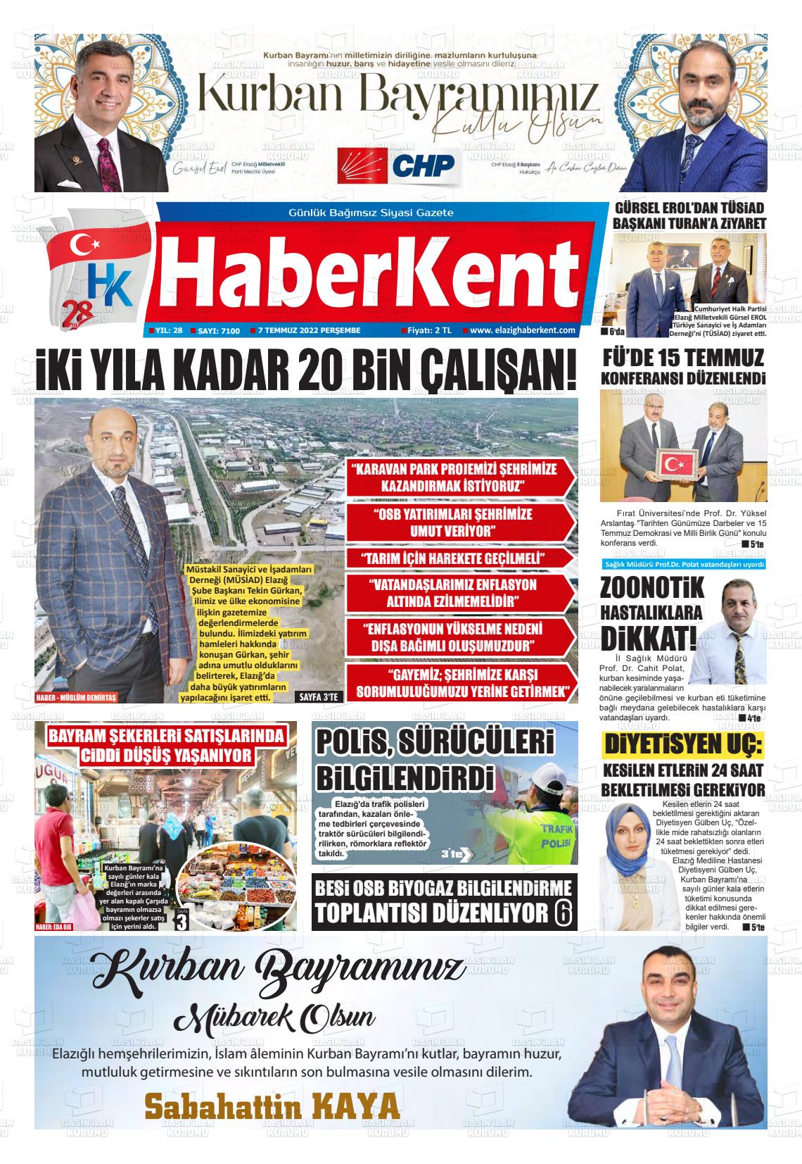 07 Temmuz 2022 Elazığ Haberkent Gazete Manşeti