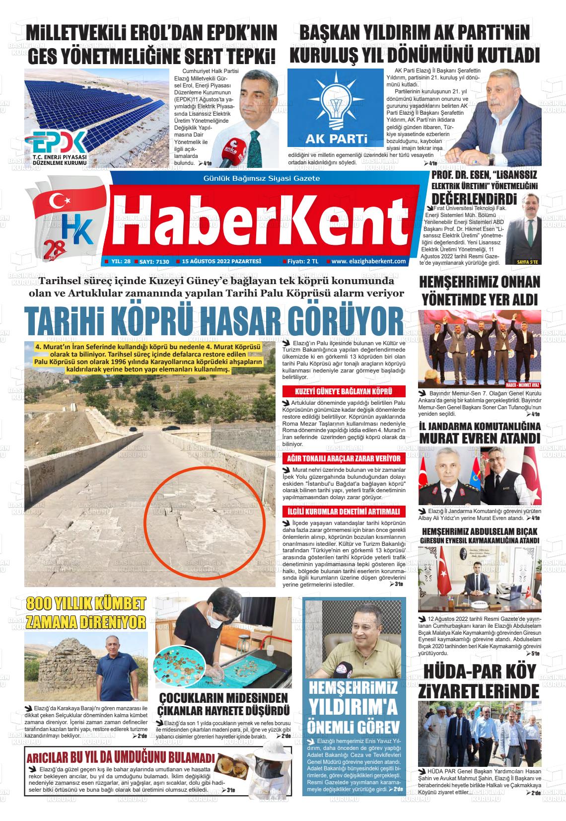 15 Ağustos 2022 Elazığ Haberkent Gazete Manşeti