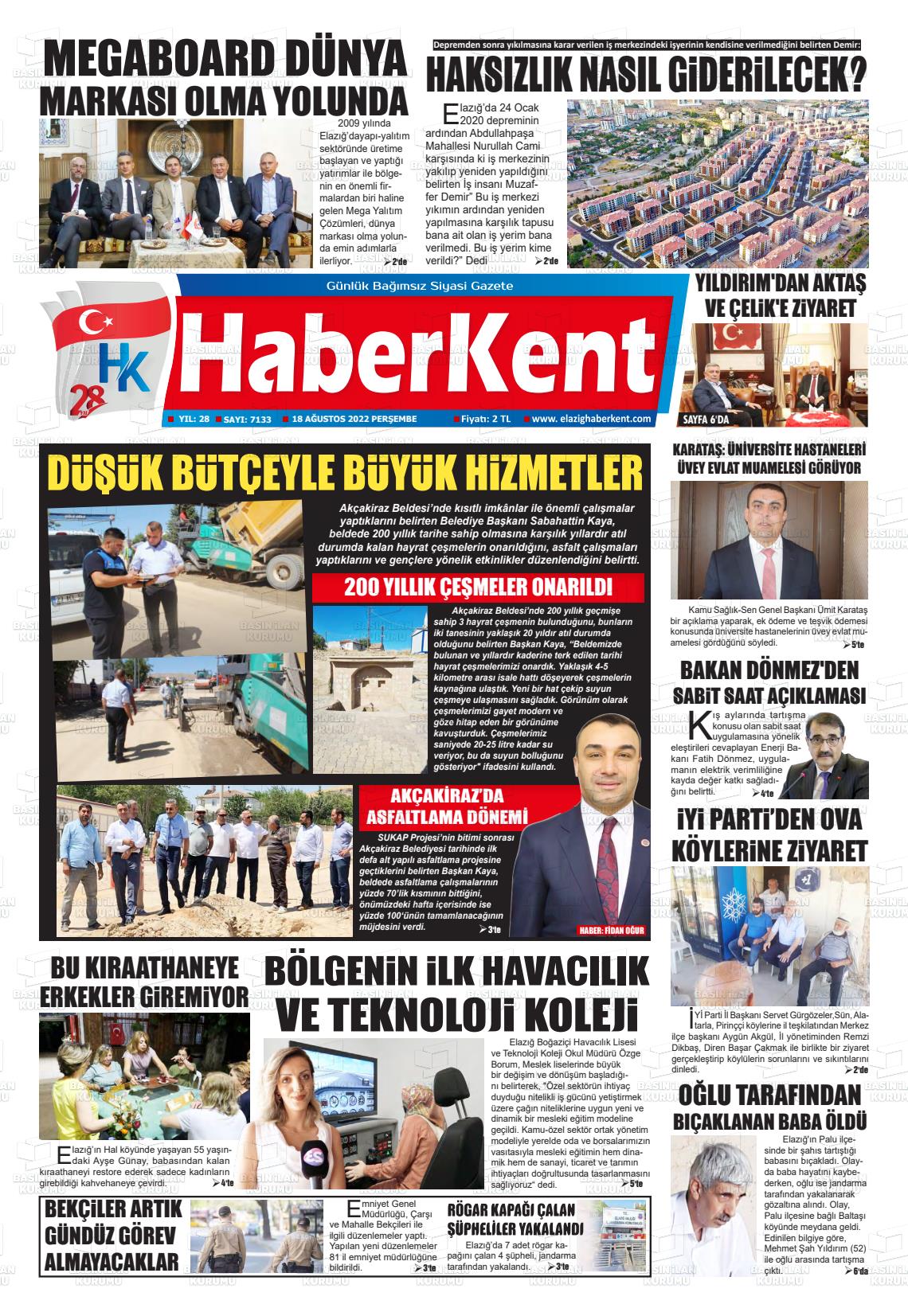 18 Ağustos 2022 Elazığ Haberkent Gazete Manşeti