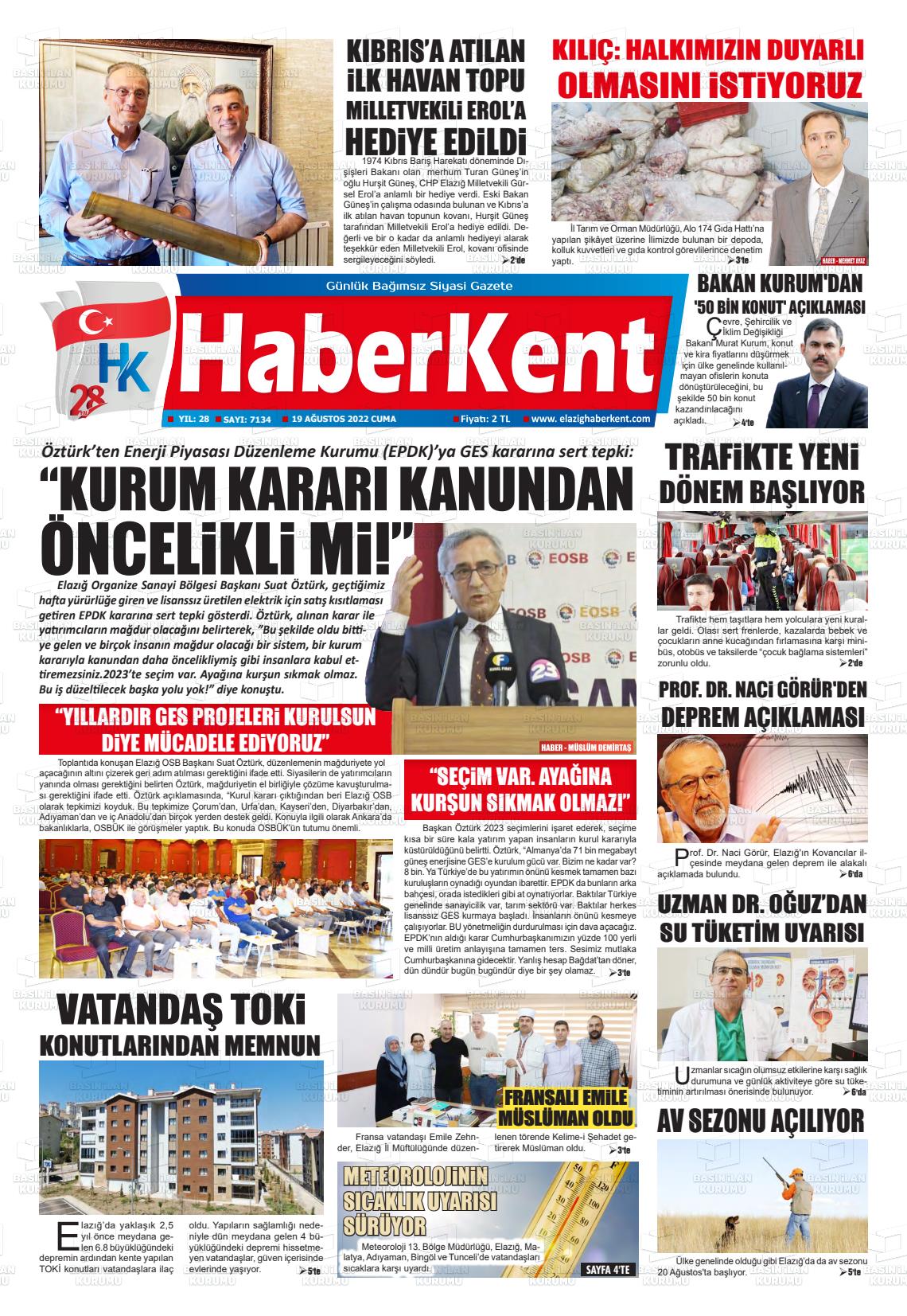 19 Ağustos 2022 Elazığ Haberkent Gazete Manşeti