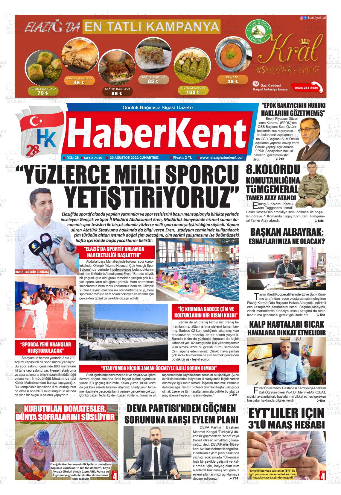 20 Ağustos 2022 Elazığ Haberkent Gazete Manşeti