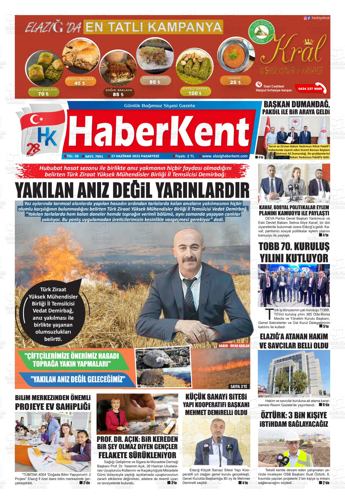 27 Haziran 2022 Elazığ Haberkent Gazete Manşeti