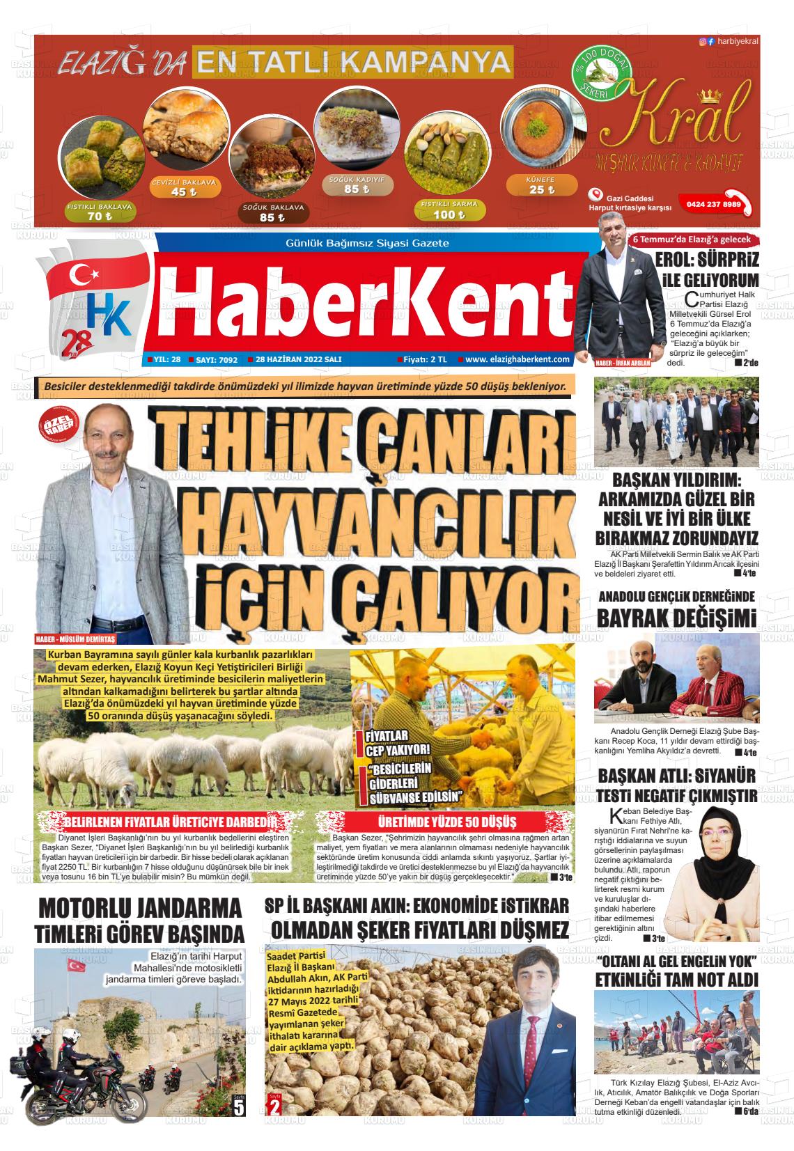 28 Haziran 2022 Elazığ Haberkent Gazete Manşeti