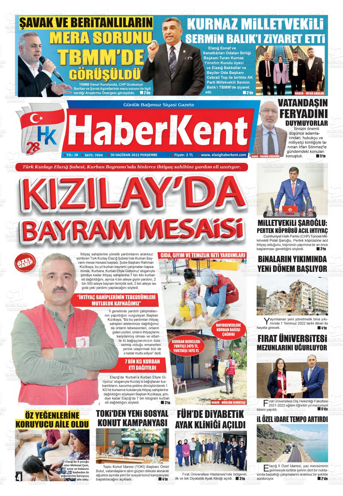30 Haziran 2022 Elazığ Haberkent Gazete Manşeti