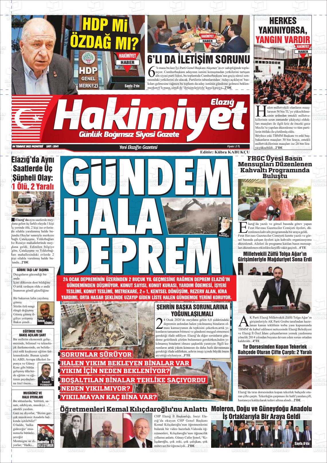 04 Temmuz 2022 Elazığ Hakimiyet Gazete Manşeti