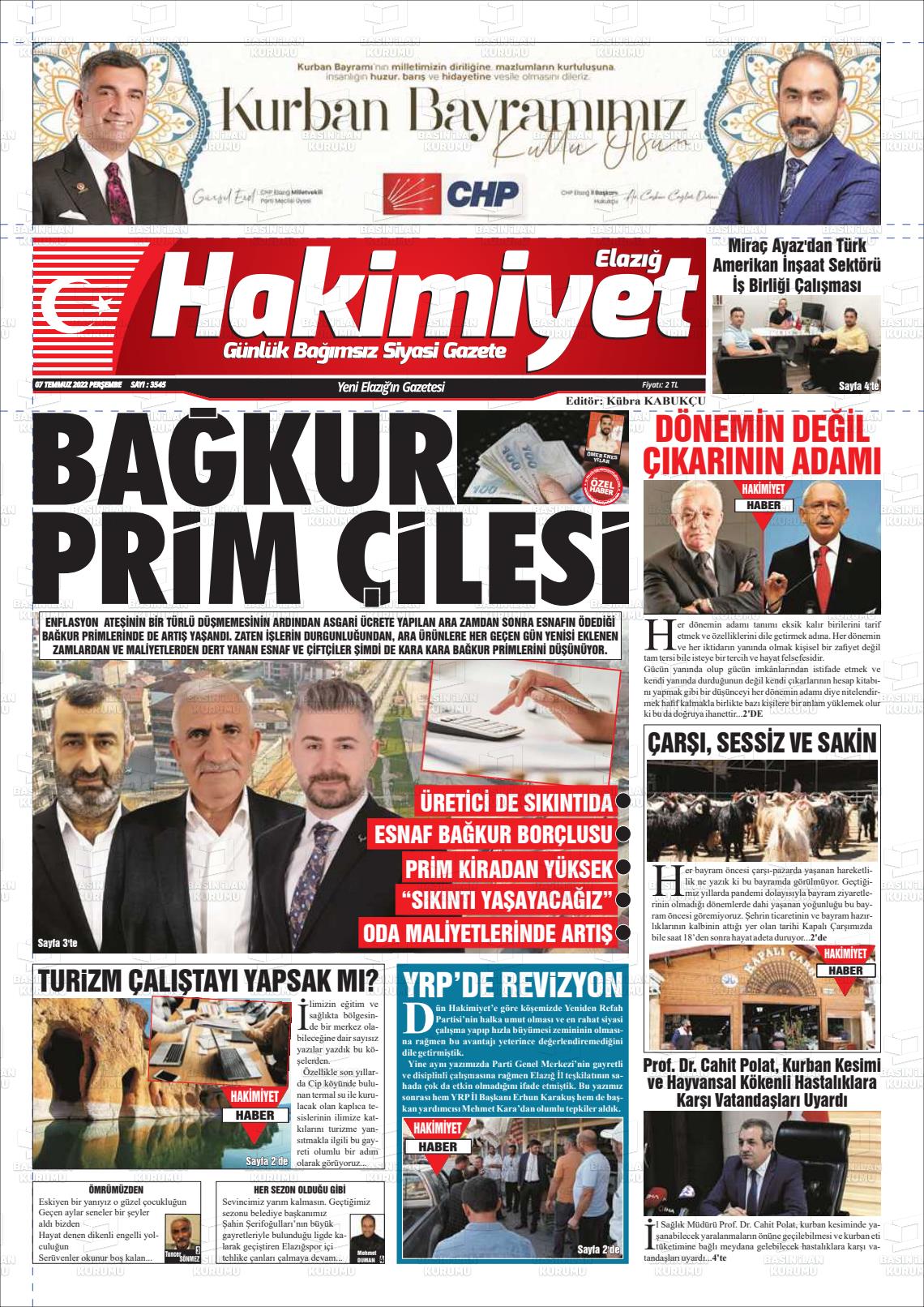 07 Temmuz 2022 Elazığ Hakimiyet Gazete Manşeti