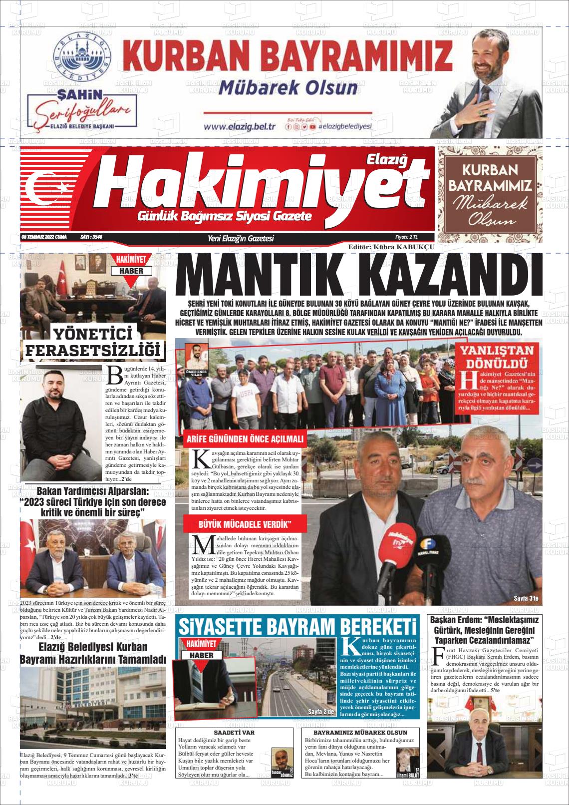 08 Temmuz 2022 Elazığ Hakimiyet Gazete Manşeti