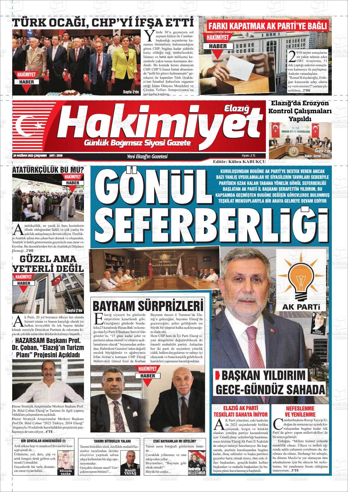29 Haziran 2022 Elazığ Hakimiyet Gazete Manşeti