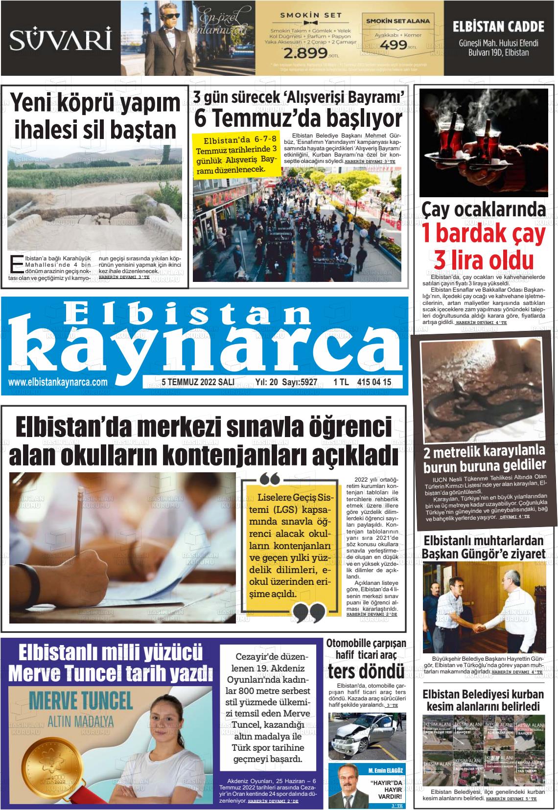 05 Temmuz 2022 Elbistan Kaynarca Gazete Manşeti