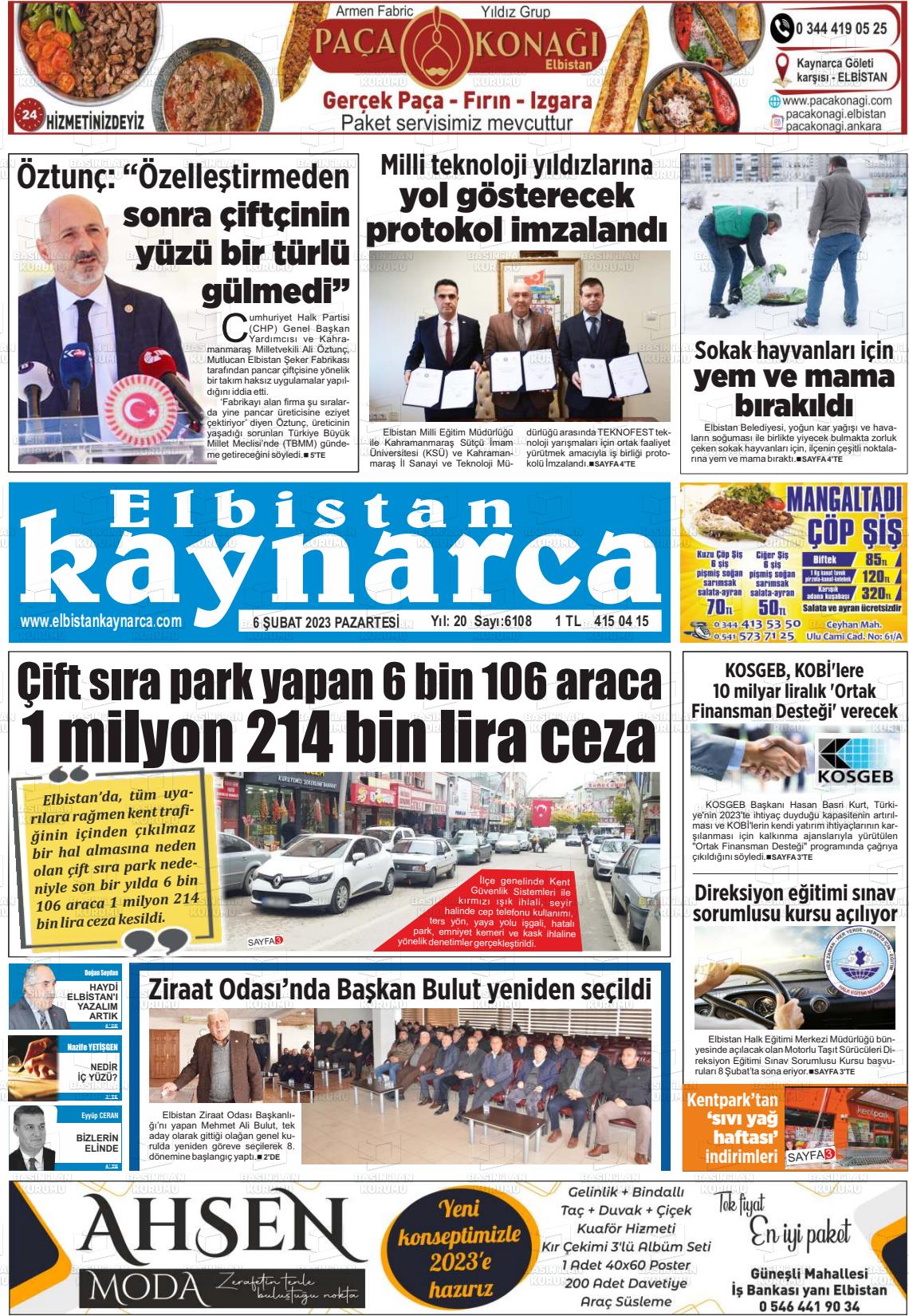 06 Şubat 2023 Elbistan Kaynarca Gazete Manşeti