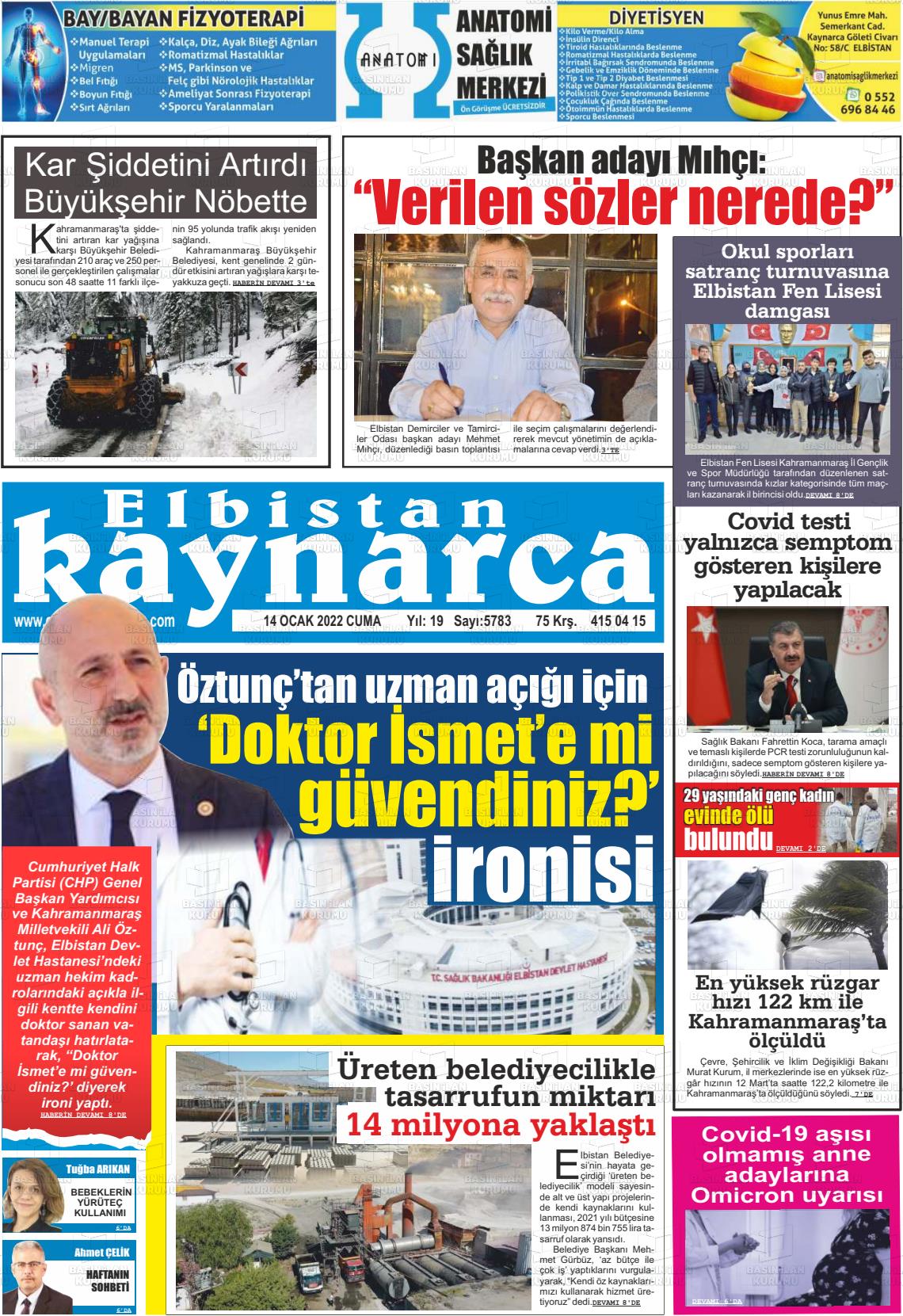 14 Ocak 2022 Elbistan Kaynarca Gazete Manşeti