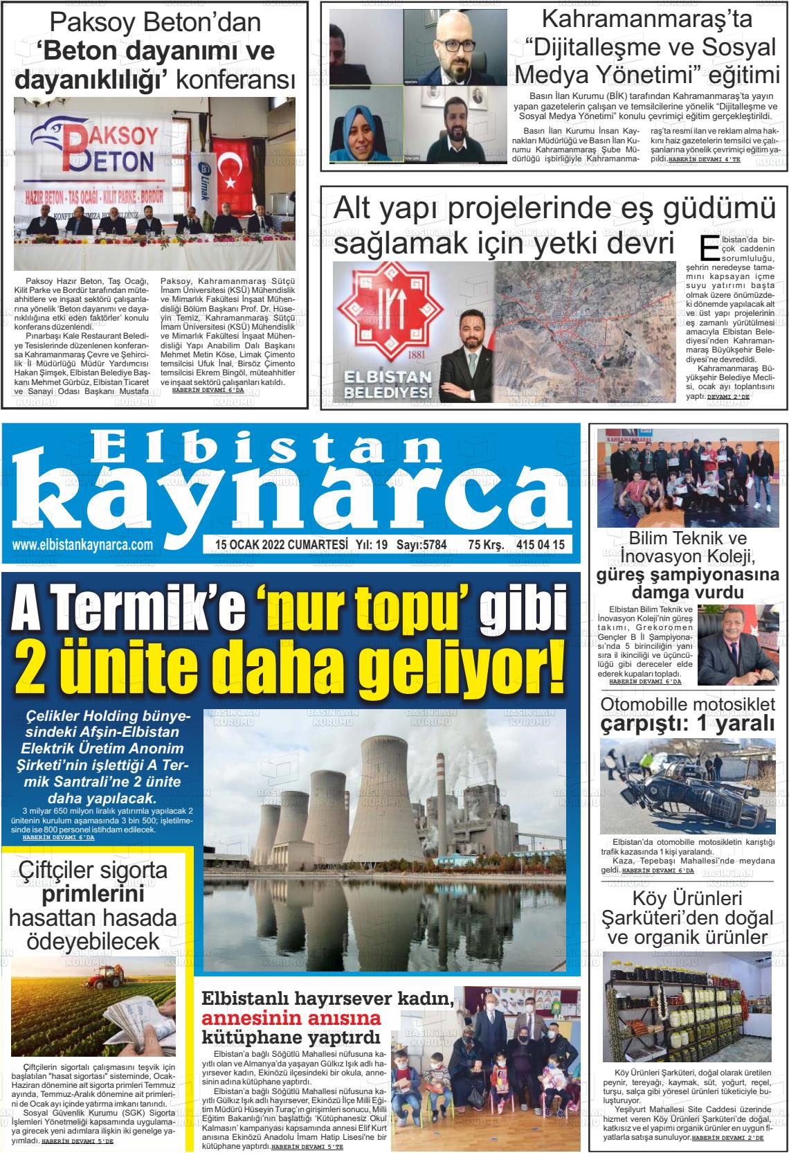 15 Ocak 2022 Elbistan Kaynarca Gazete Manşeti