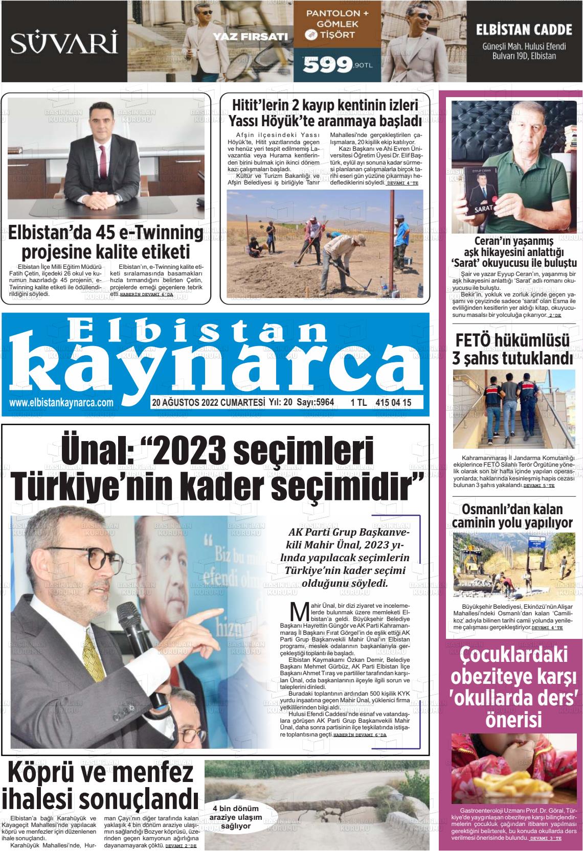 20 Ağustos 2022 Elbistan Kaynarca Gazete Manşeti