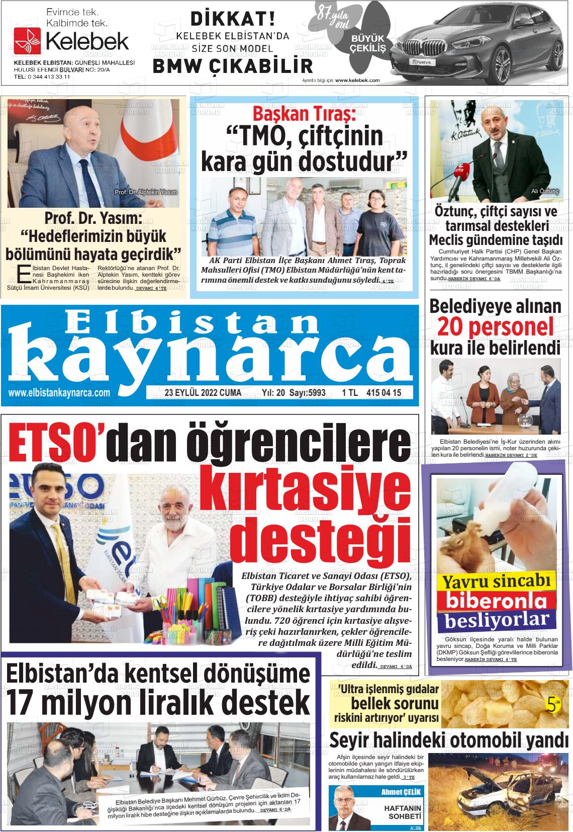 23 Eylül 2022 Elbistan Kaynarca Gazete Manşeti