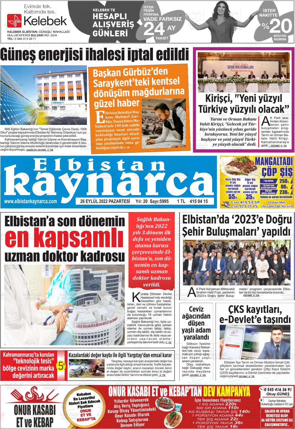 26 Eylül 2022 Elbistan Kaynarca Gazete Manşeti