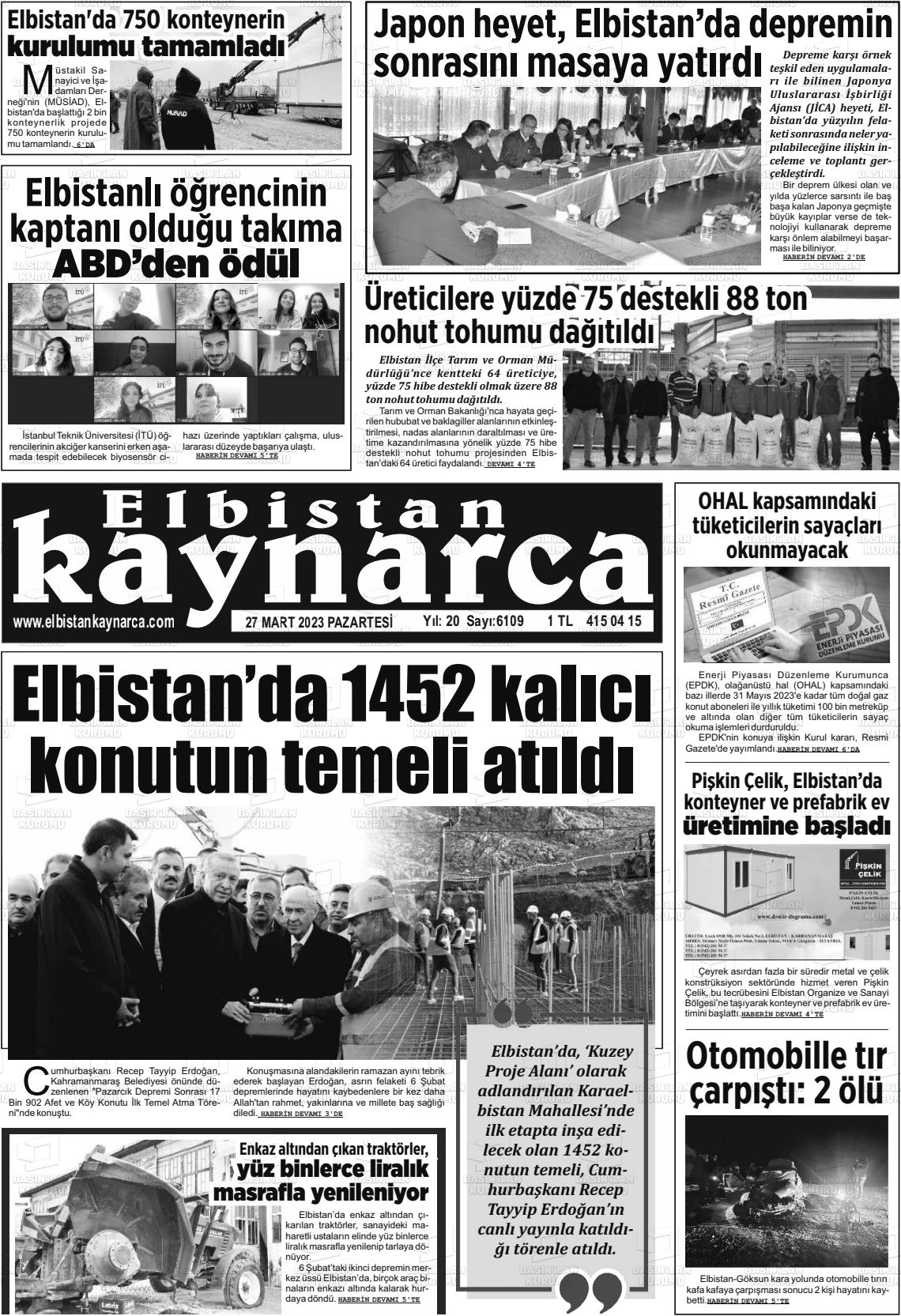 27 Mart 2023 Elbistan Kaynarca Gazete Manşeti
