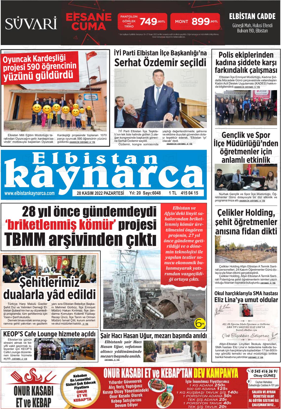 28 Kasım 2022 Elbistan Kaynarca Gazete Manşeti