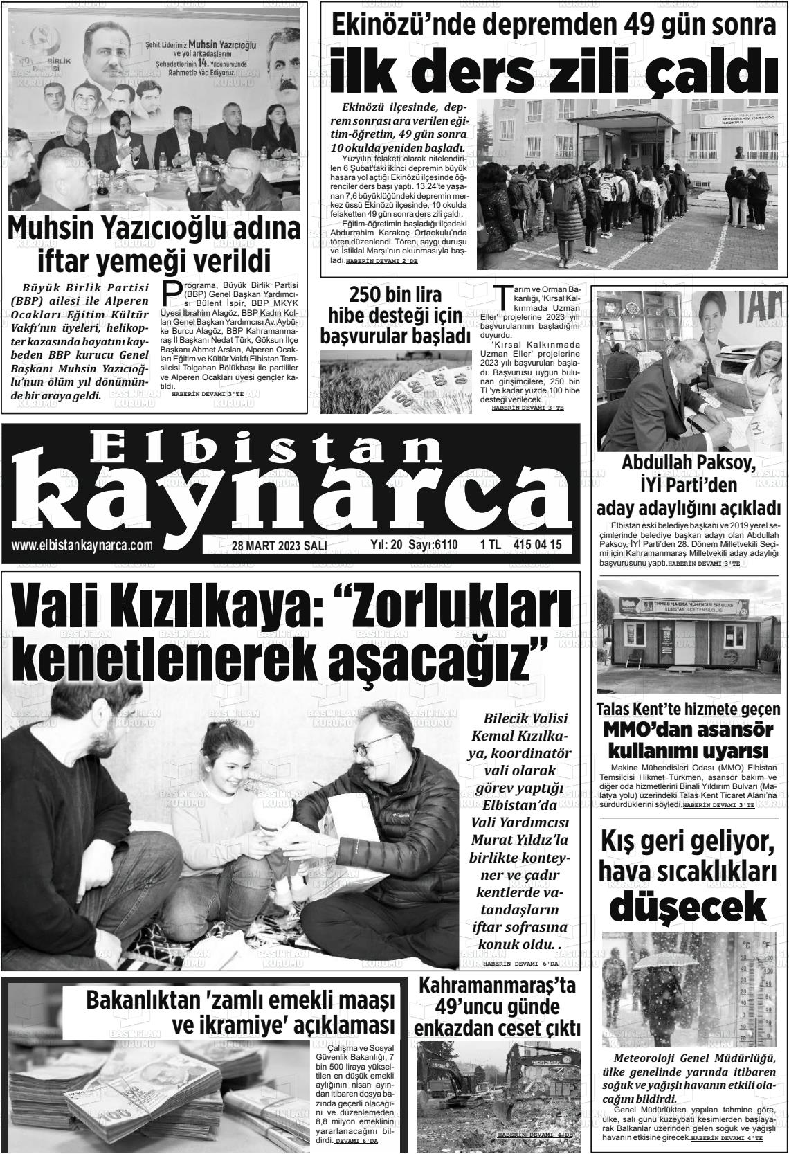 28 Mart 2023 Elbistan Kaynarca Gazete Manşeti