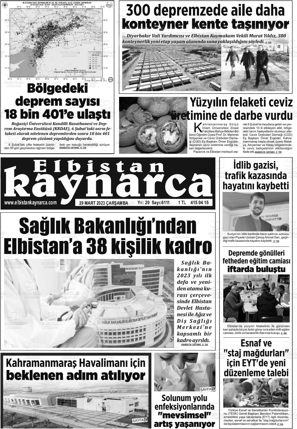 29 Mart 2023 Elbistan Kaynarca Gazete Manşeti