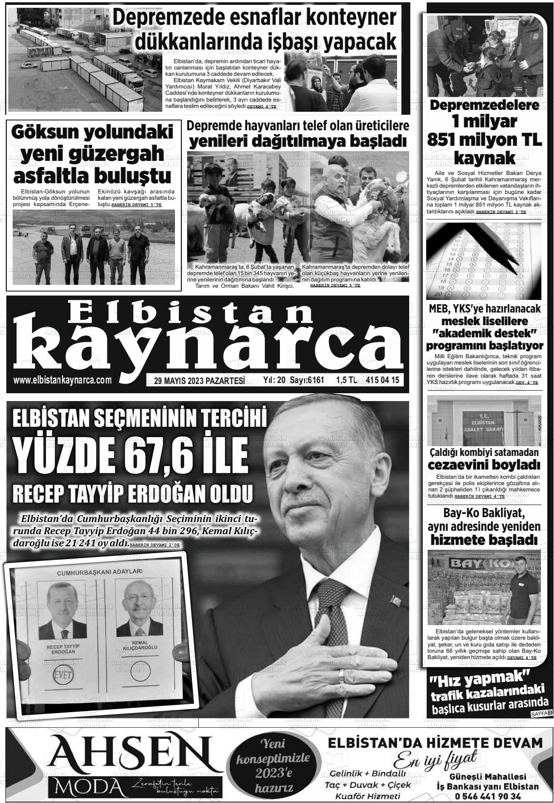 29 Mayıs 2023 Elbistan Kaynarca Gazete Manşeti