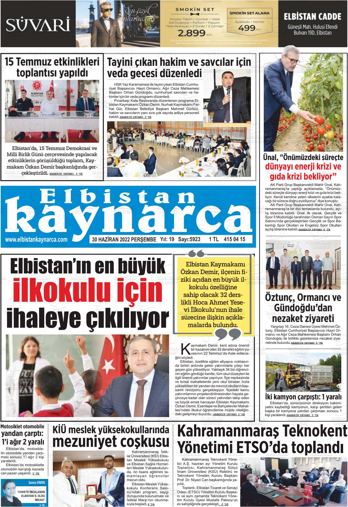 02 Temmuz 2022 Elbistan Kaynarca Gazete Manşeti