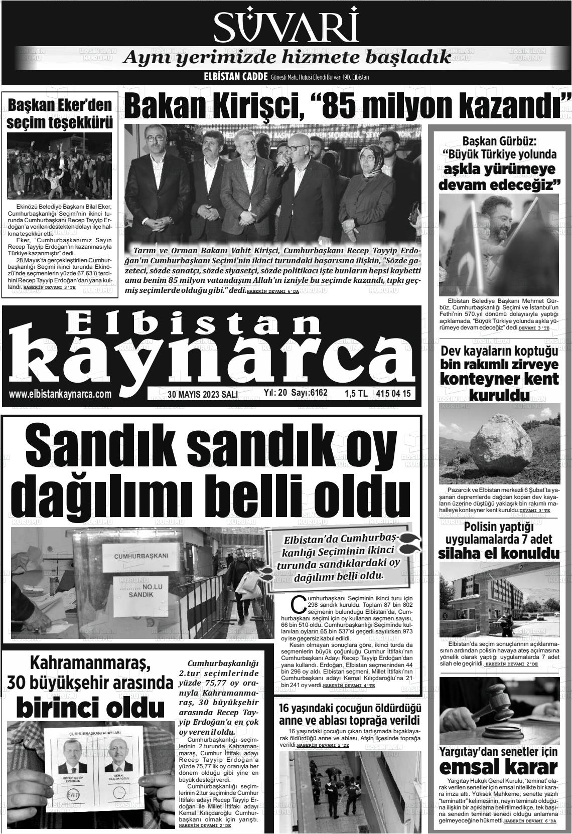 30 Mayıs 2023 Elbistan Kaynarca Gazete Manşeti