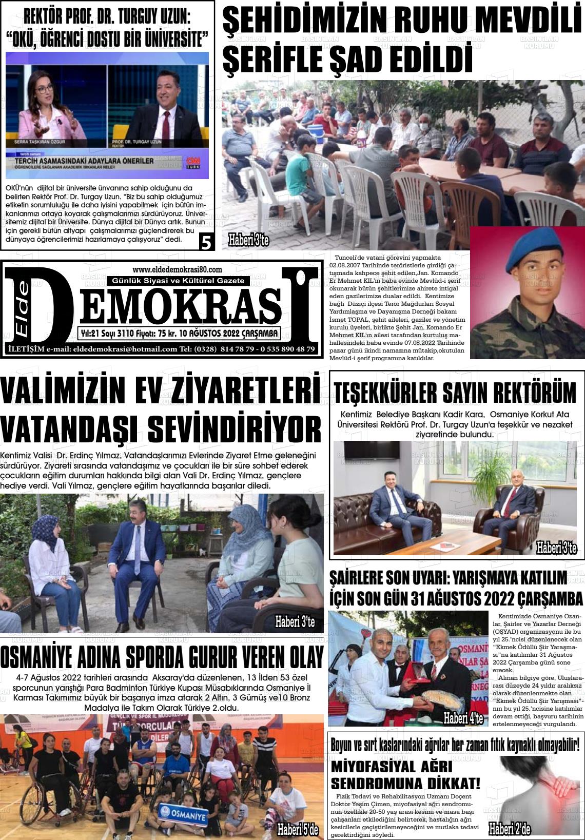 10 Ağustos 2022 Elde Demokrasi Gazete Manşeti