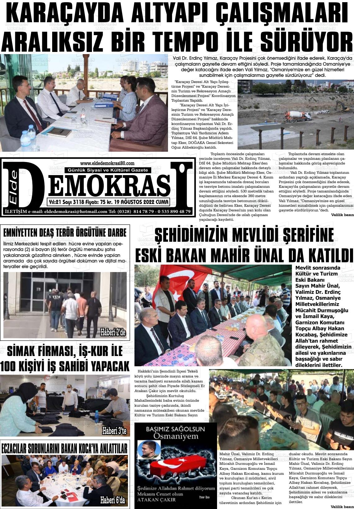 19 Ağustos 2022 Elde Demokrasi Gazete Manşeti