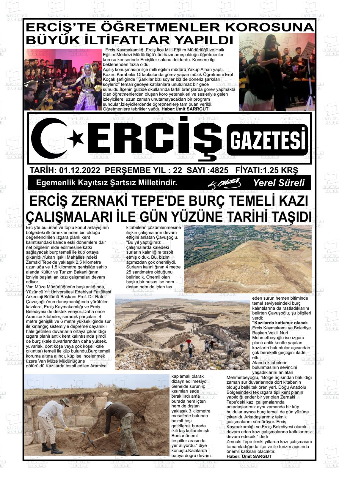 01 Aralık 2022 Erciş Gazete Manşeti