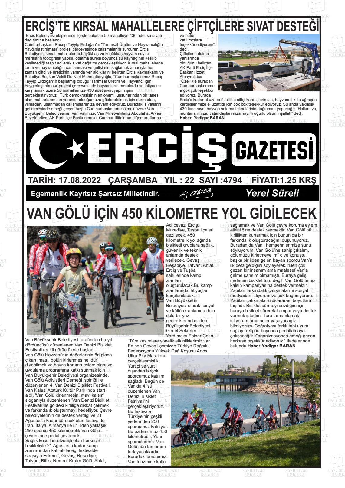 17 Ağustos 2022 Erciş Gazete Manşeti