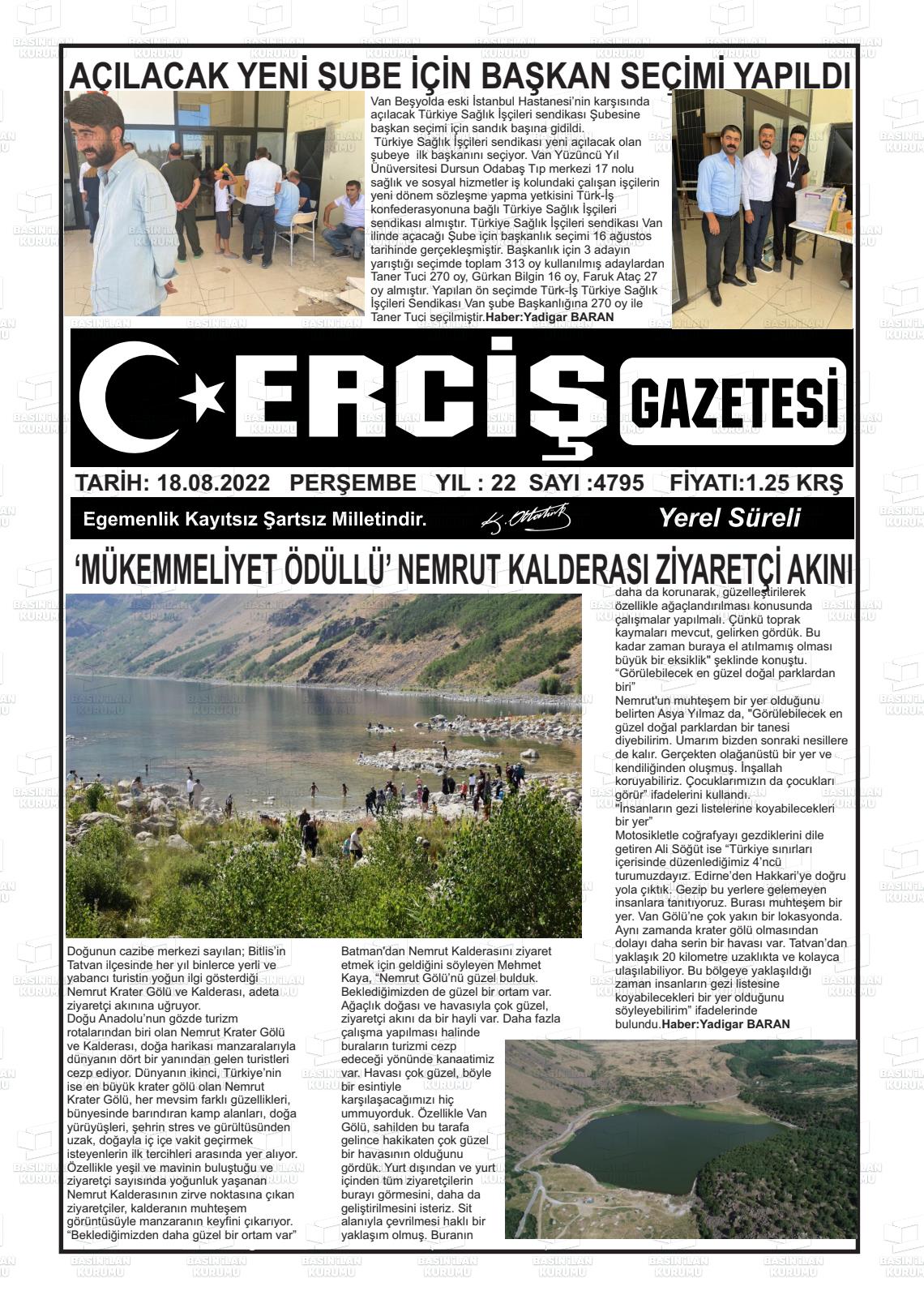 18 Ağustos 2022 Erciş Gazete Manşeti