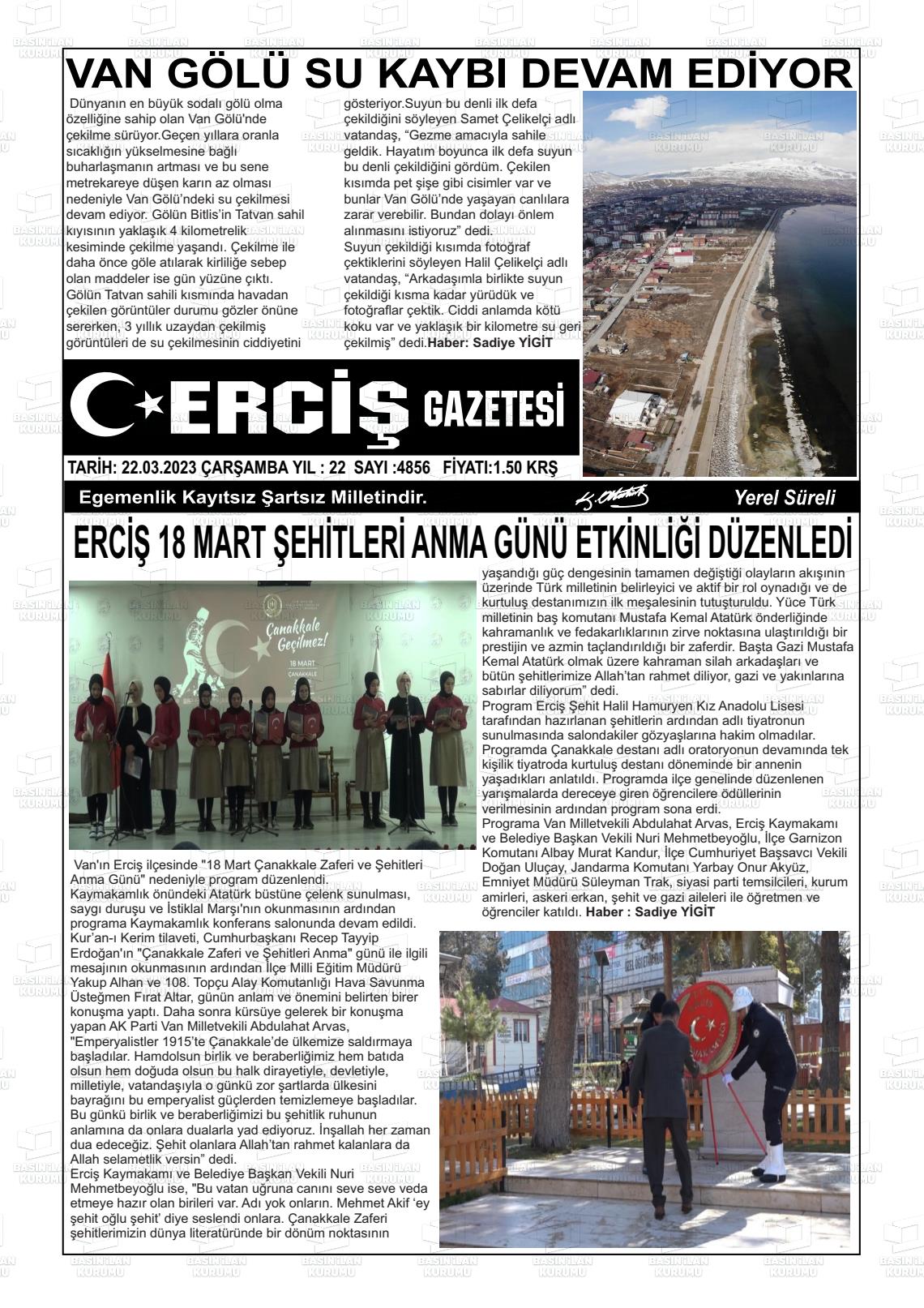 22 Mart 2023 Erciş Gazete Manşeti