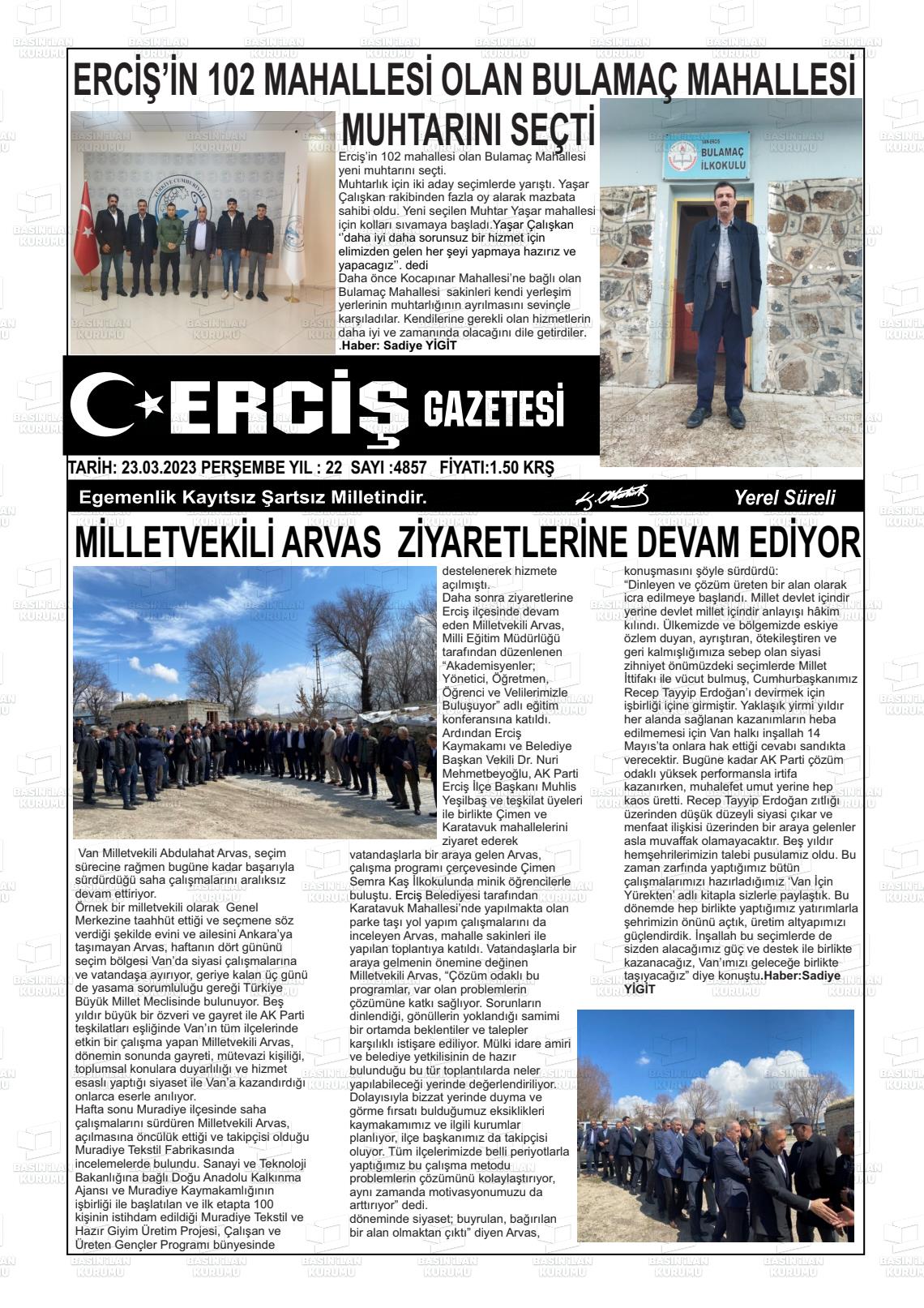 23 Mart 2023 Erciş Gazete Manşeti