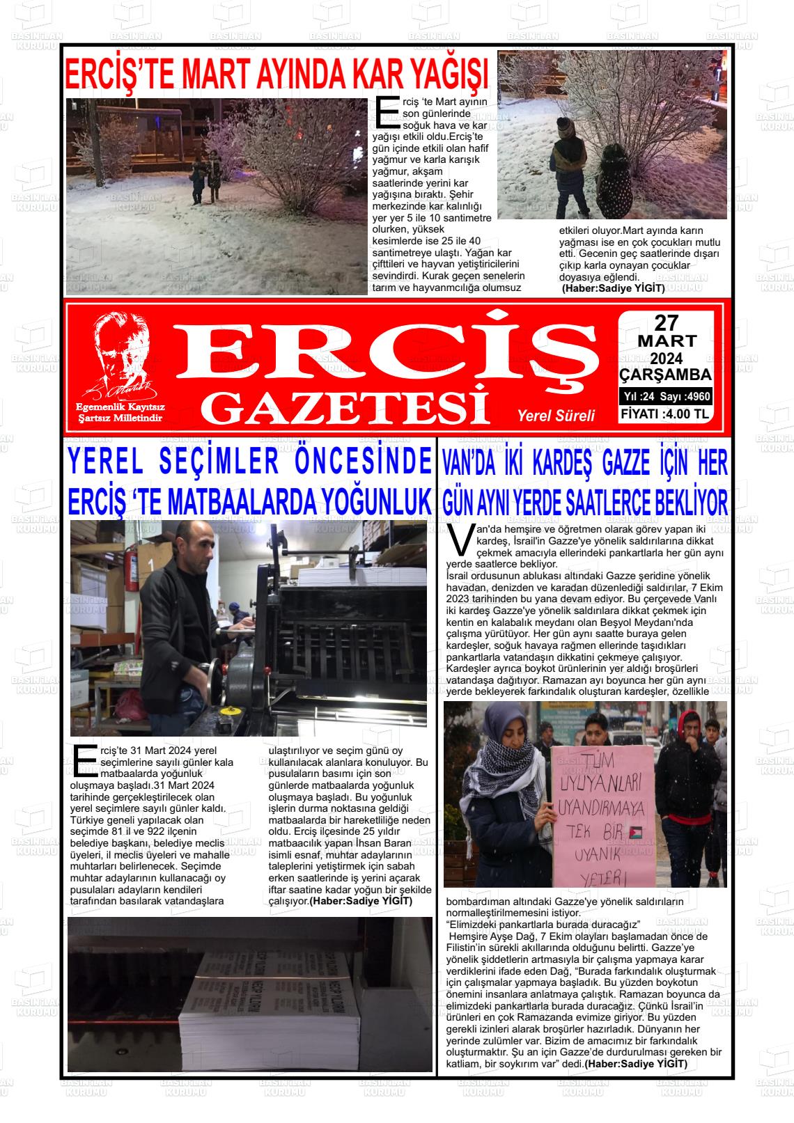 27 Mart 2024 Erciş Gazete Manşeti
