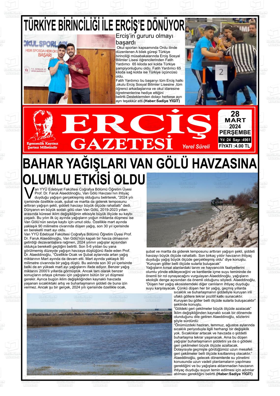 28 Mart 2024 Erciş Gazete Manşeti