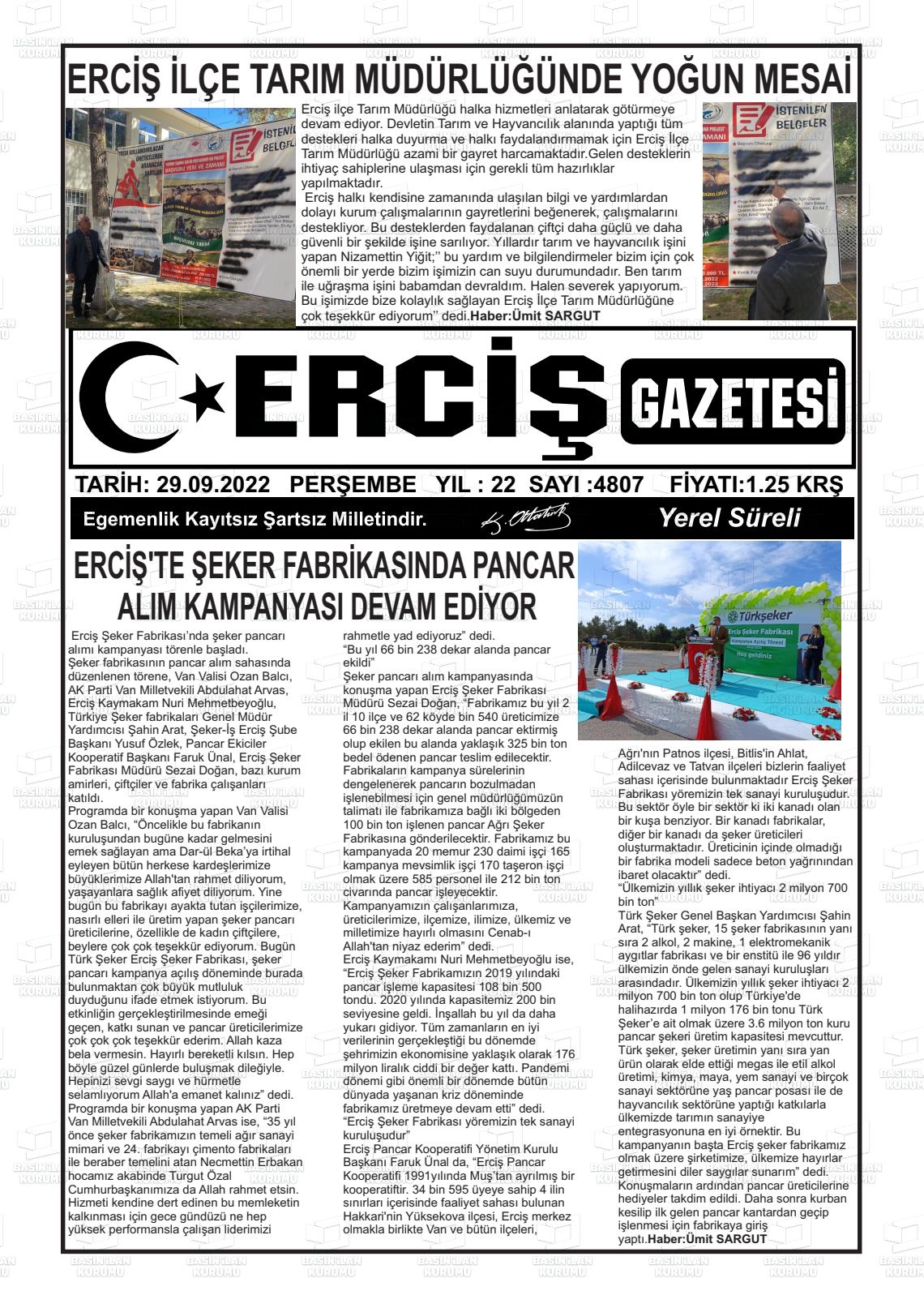 29 Eylül 2022 Erciş Gazete Manşeti