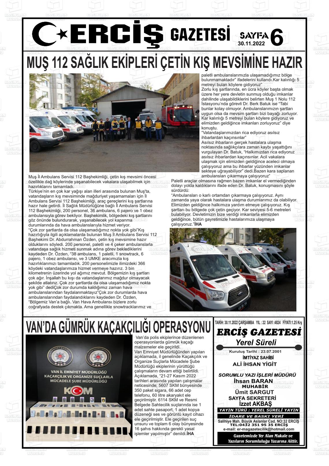 30 Kasım 2022 Erciş Gazete Manşeti