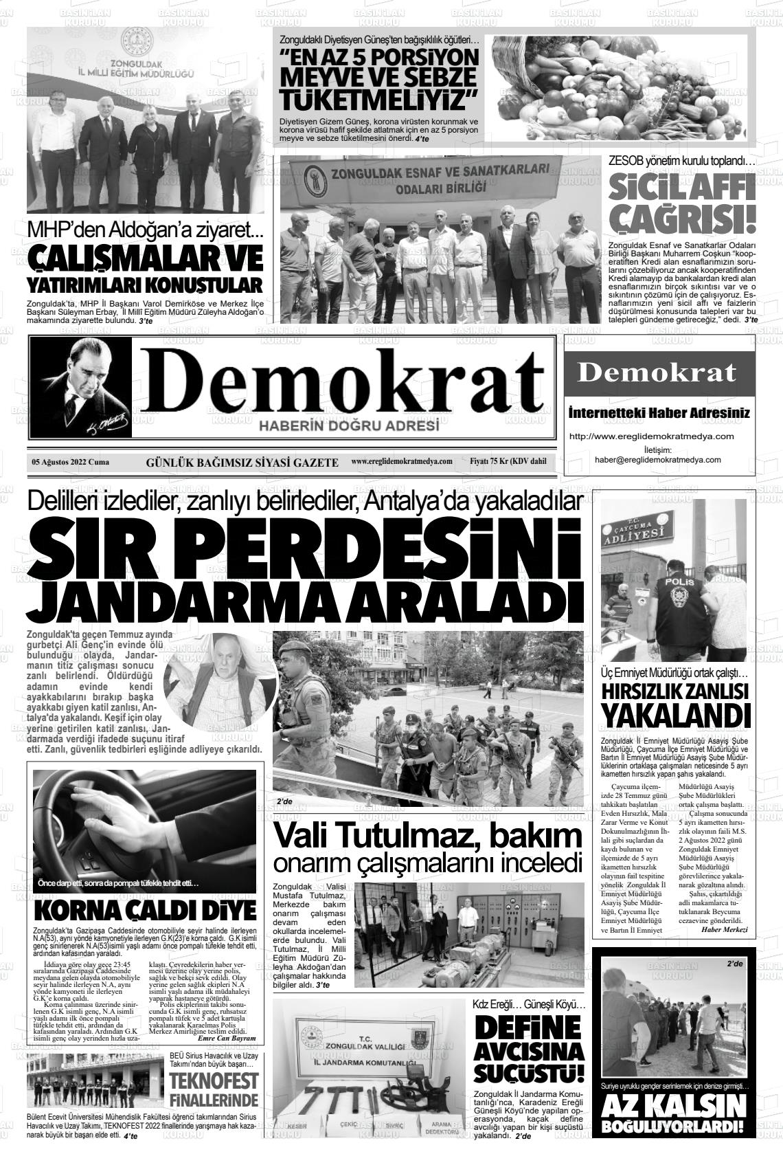 05 Ağustos 2022 Ereğli Demokrat Gazete Manşeti