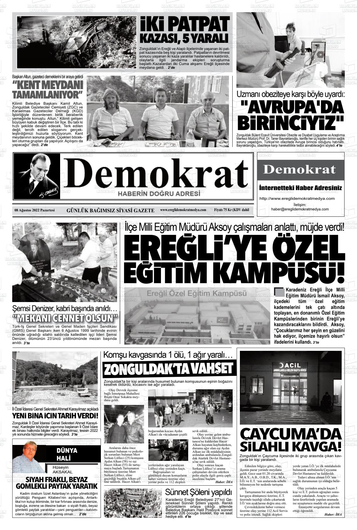 08 Ağustos 2022 Ereğli Demokrat Gazete Manşeti