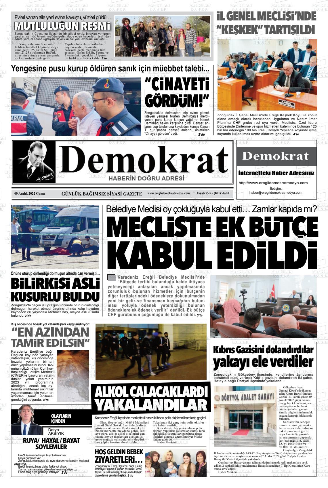 09 Aralık 2022 Ereğli Demokrat Gazete Manşeti
