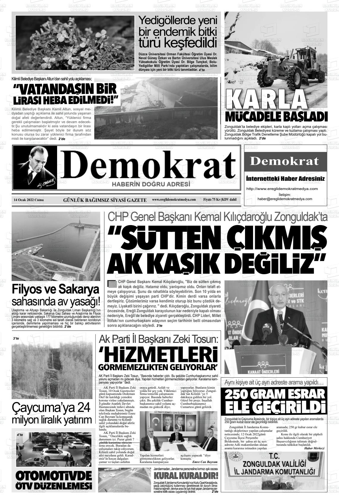 14 Ocak 2022 Ereğli Demokrat Gazete Manşeti