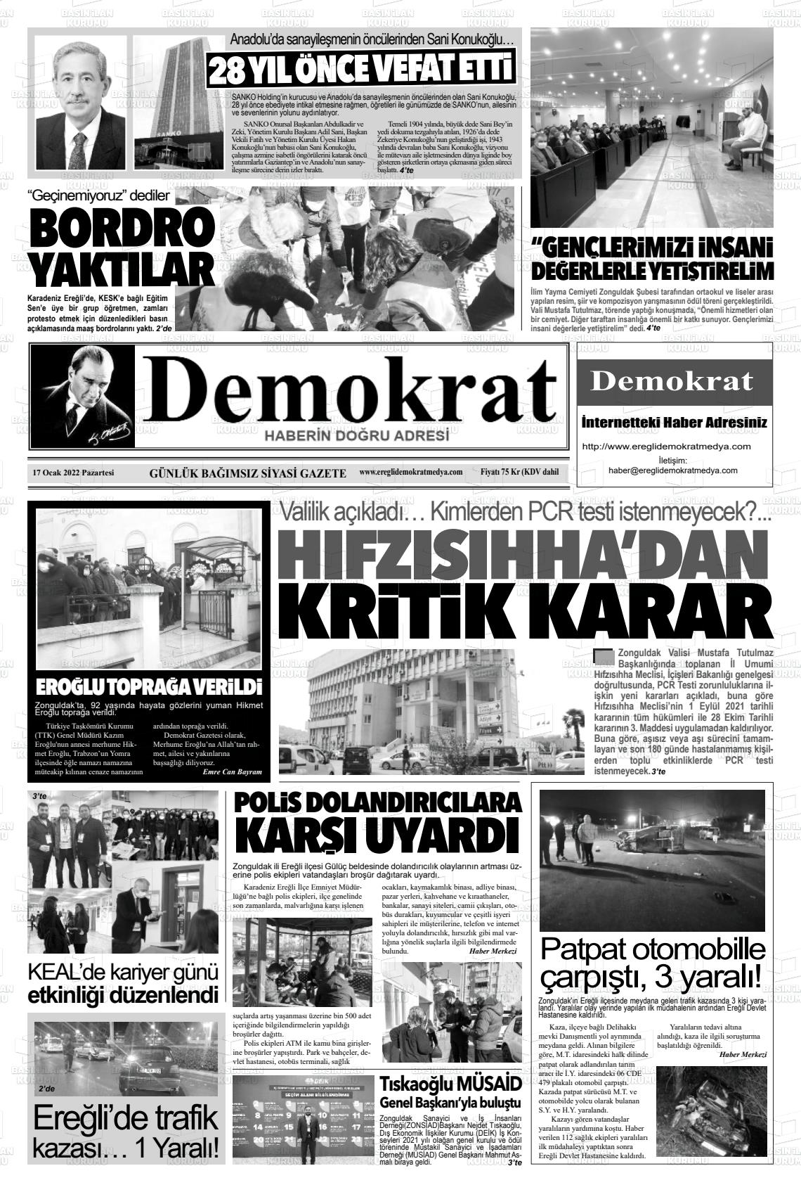 17 Ocak 2022 Ereğli Demokrat Gazete Manşeti