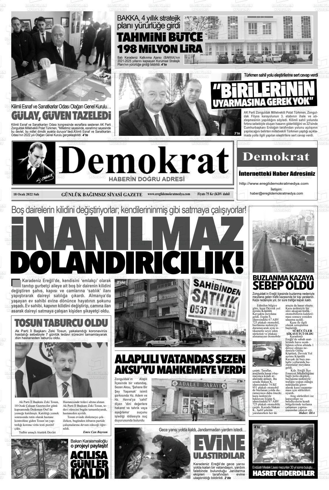 18 Ocak 2022 Ereğli Demokrat Gazete Manşeti